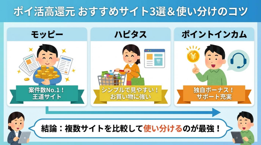 モッピー・ハピタス・ポイントインカムの特徴と使い分けを紹介した図解