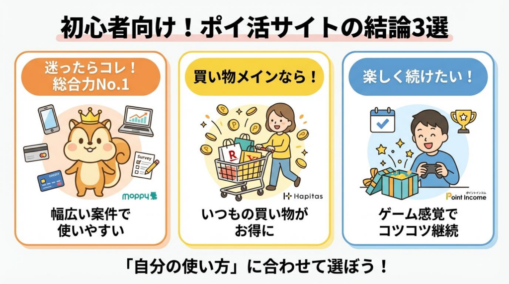 初心者向けにモッピー、ハピタス、ポイントインカムの結論3選をまとめた図解