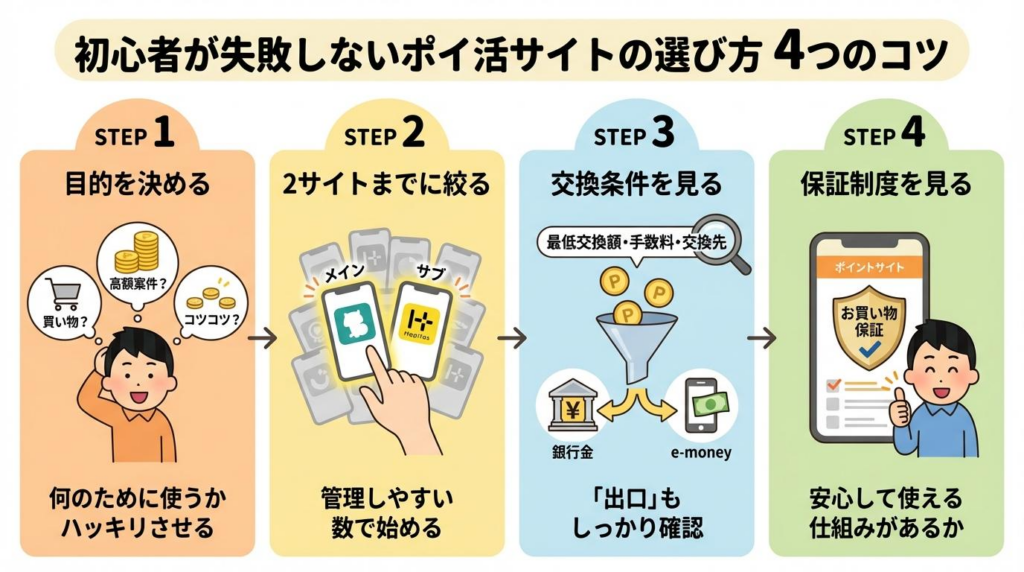ポイ活サイトで初心者が失敗しない選び方4つのコツを図解した画像