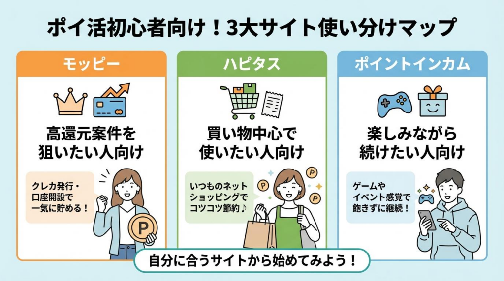 モッピー・ハピタス・ポイントインカムの使い分けを解説した比較図