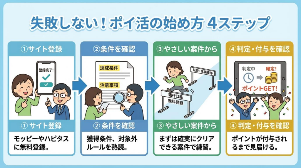 ポイ活高還元案件を始めるための4ステップをまとめた初心者向け図解