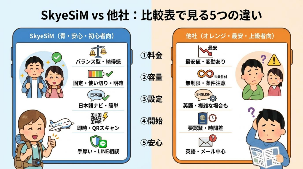 SkyeSiMと他社の違いを5項目で比較した図解。料金、容量、設定、開始方法、安心感の違いを見やすく整理