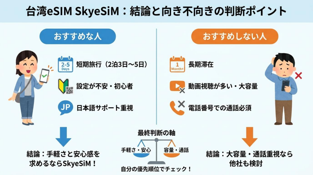 台湾eSIMでSkyeSiMが向いている人と向かない人の判断ポイント図解