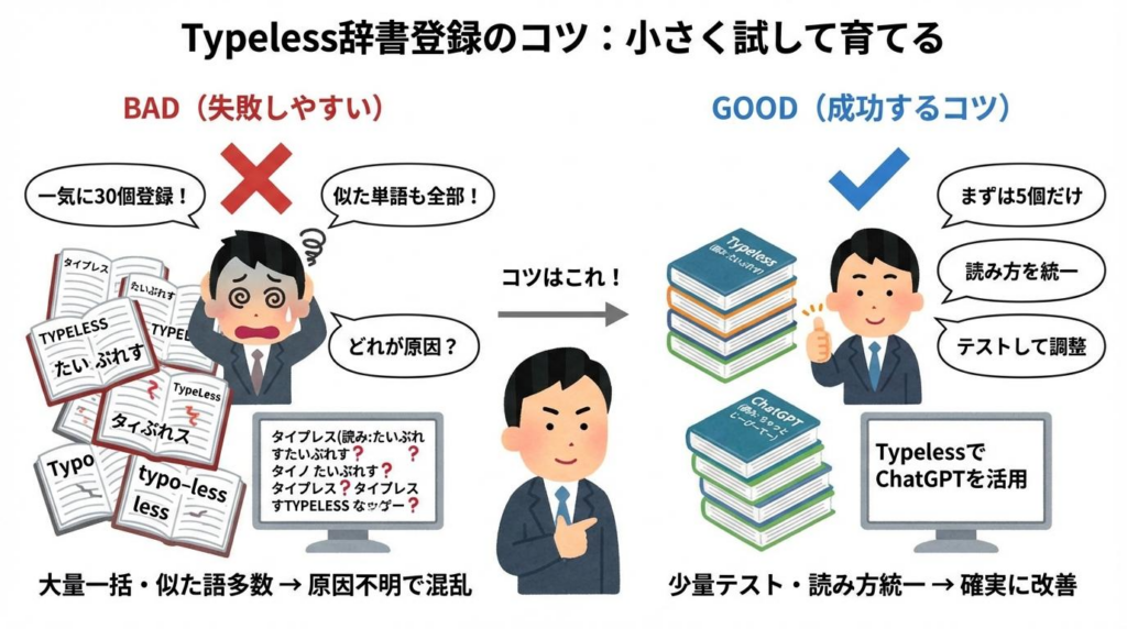 Typeless辞書登録は少量ずつ試して調整するのがコツだと示した図解