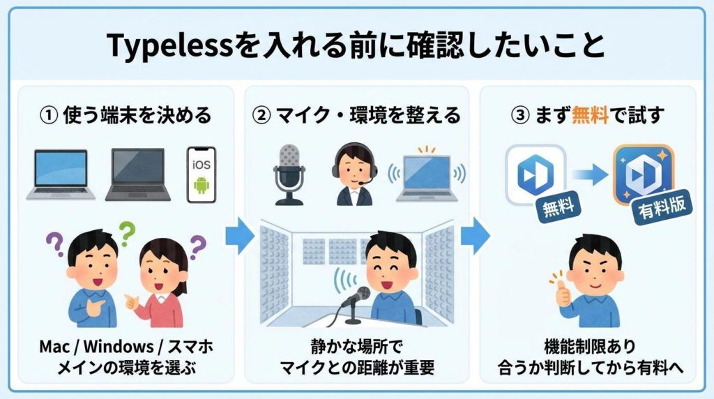 Typelessを入れる前に確認したいことをまとめた図解。使う端末、マイクや環境、無料で試す流れを示している