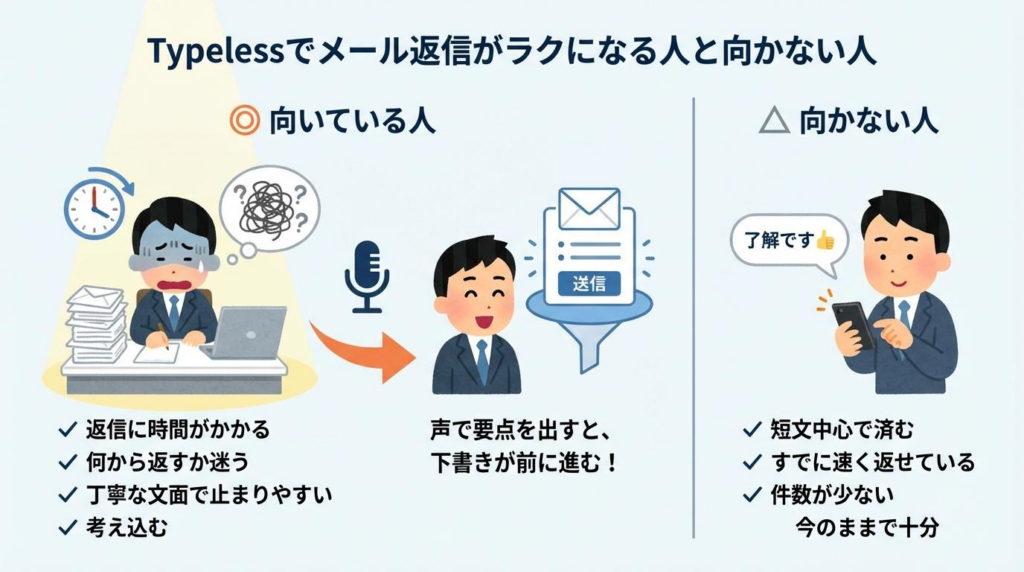 Typelessでメール返信をラクにする使い方を解説するアイキャッチ画像。ノートPCで作業する人物とGmail・Slack・Outlookの要素を配置
