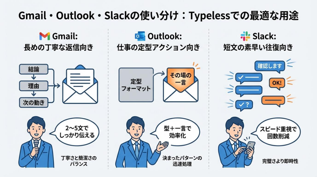 TypelessでのGmail・Outlook・Slackの使い分けをまとめた図解。Gmailは長めの返信向き、Outlookは定型返信向き、Slackは短文の往復向きと整理