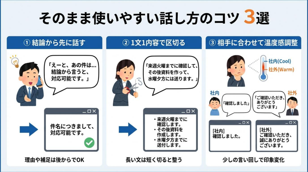 Typelessでメール返信しやすくなる話し方のコツを3つで整理した図解。結論から話す、1文1内容で区切る、相手に合わせて温度感を調整するポイントを紹介