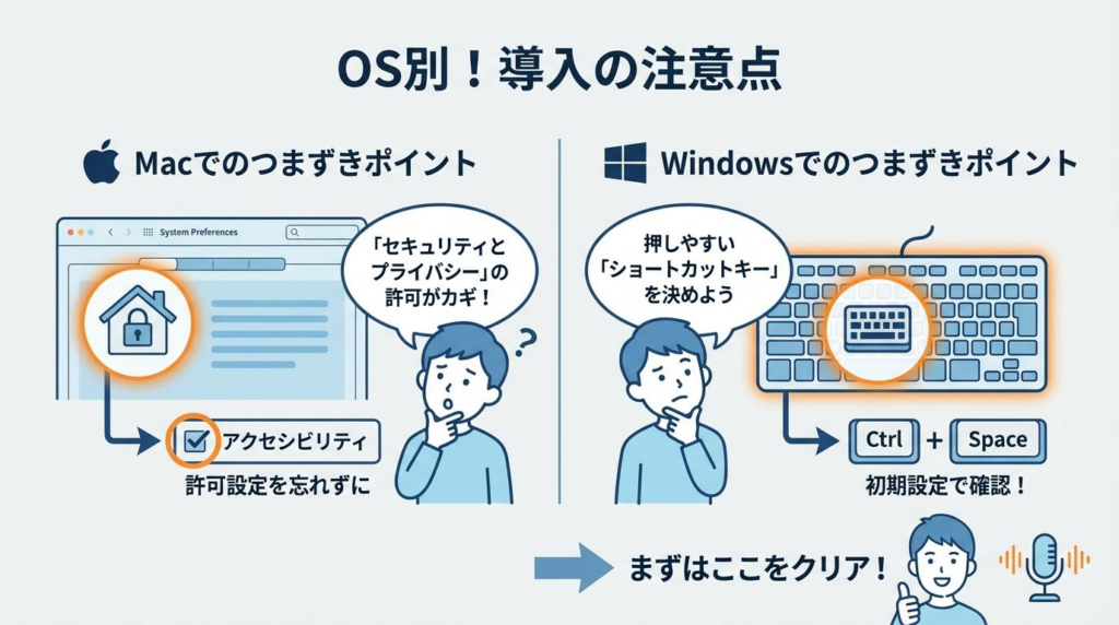 TypelessのOS別の導入注意点をまとめた図解。Macでは権限設定、Windowsではショートカット設定の確認が必要なことを示している