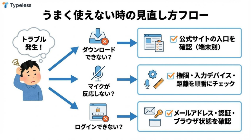 Typelessがうまく使えない時の見直し方フロー図。ダウンロード、マイク、ログインの順に確認ポイントを整理している