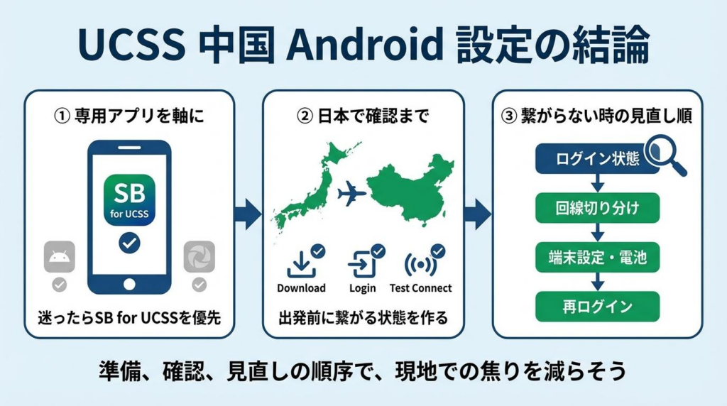 UCSS中国Android設定の結論をまとめた図解。専用アプリを軸にし、日本で確認まで済ませ、繋がらない時は順番に見直す流れを示している