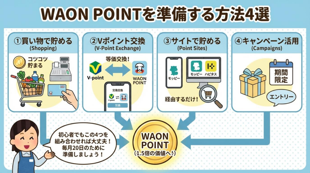 WAON POINTを準備する方法4つを紹介する図解。買い物で貯める、Vポイント交換、ポイントサイト活用、キャンペーン活用の流れを説明