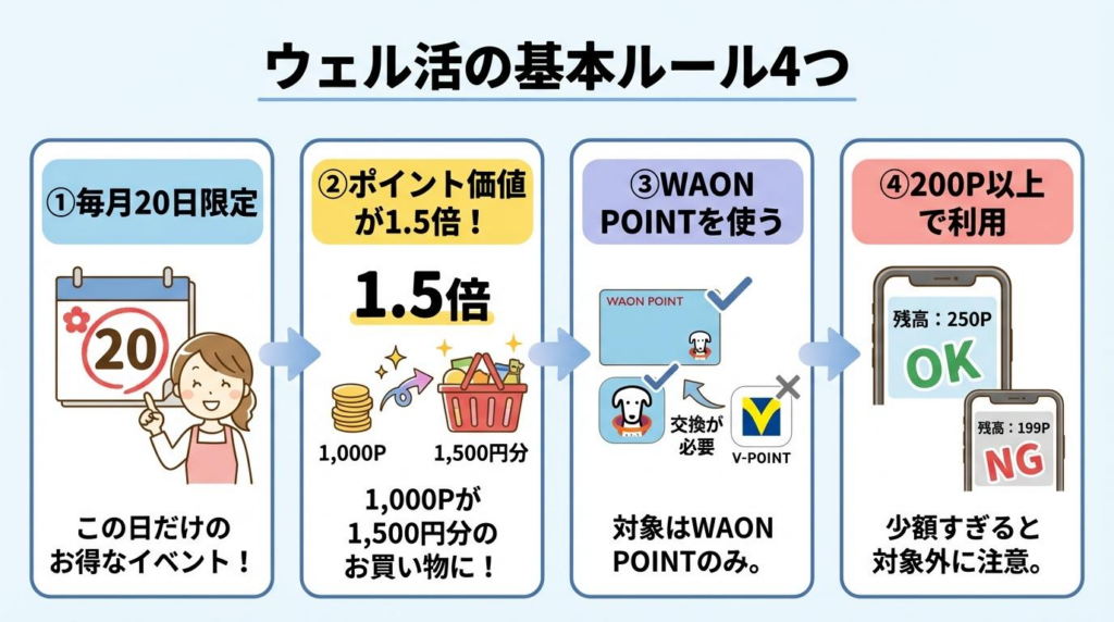 ウェル活の基本ルール4つをまとめた図解。毎月20日限定、ポイント価値1.5倍、WAON POINTを使う、200ポイント以上で利用の条件を説明