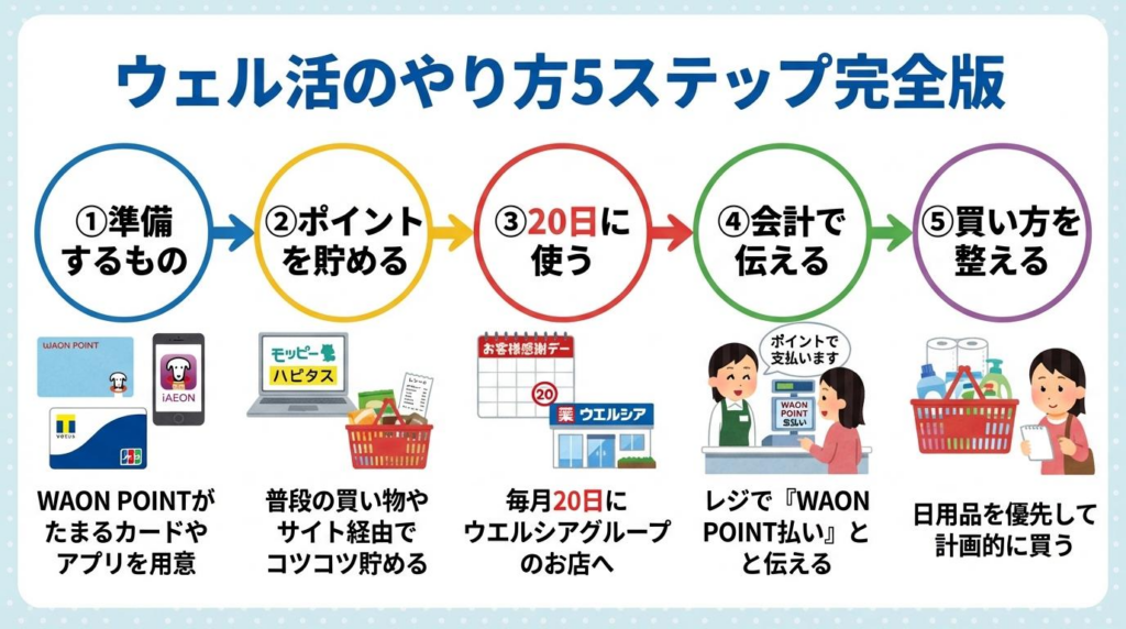 ウェル活のやり方5ステップを図解した画像。準備、ポイントを貯める、20日に使う、会計で伝える、買い方を整える流れを説明