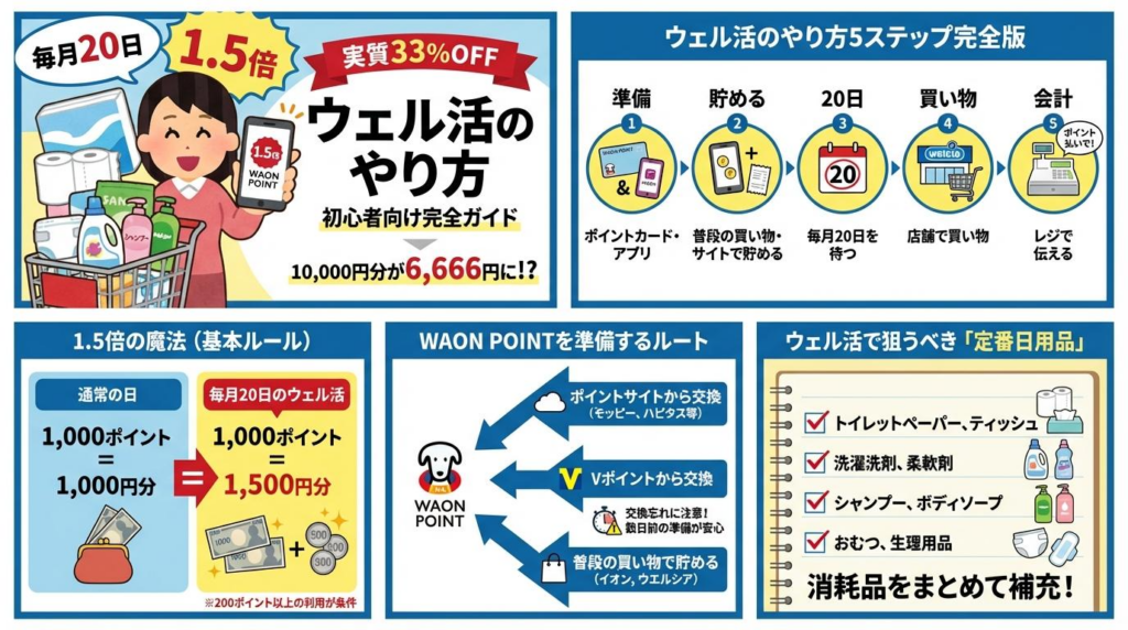 ウェル活のやり方をまとめて理解できる図解。5ステップ、1.5倍の基本ルール、WAON POINTの準備ルート、優先して買いたい日用品を一覧で紹介