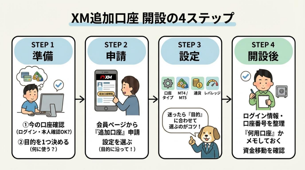 XM追加口座の開設手順を4ステップでまとめた図解。準備、申請、設定、開設後の確認までの流れをわかりやすく整理