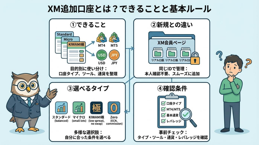 XM追加口座でできることと基本ルールをまとめた図解。新規開設との違い、選べる口座タイプ、事前に確認したい条件を整理