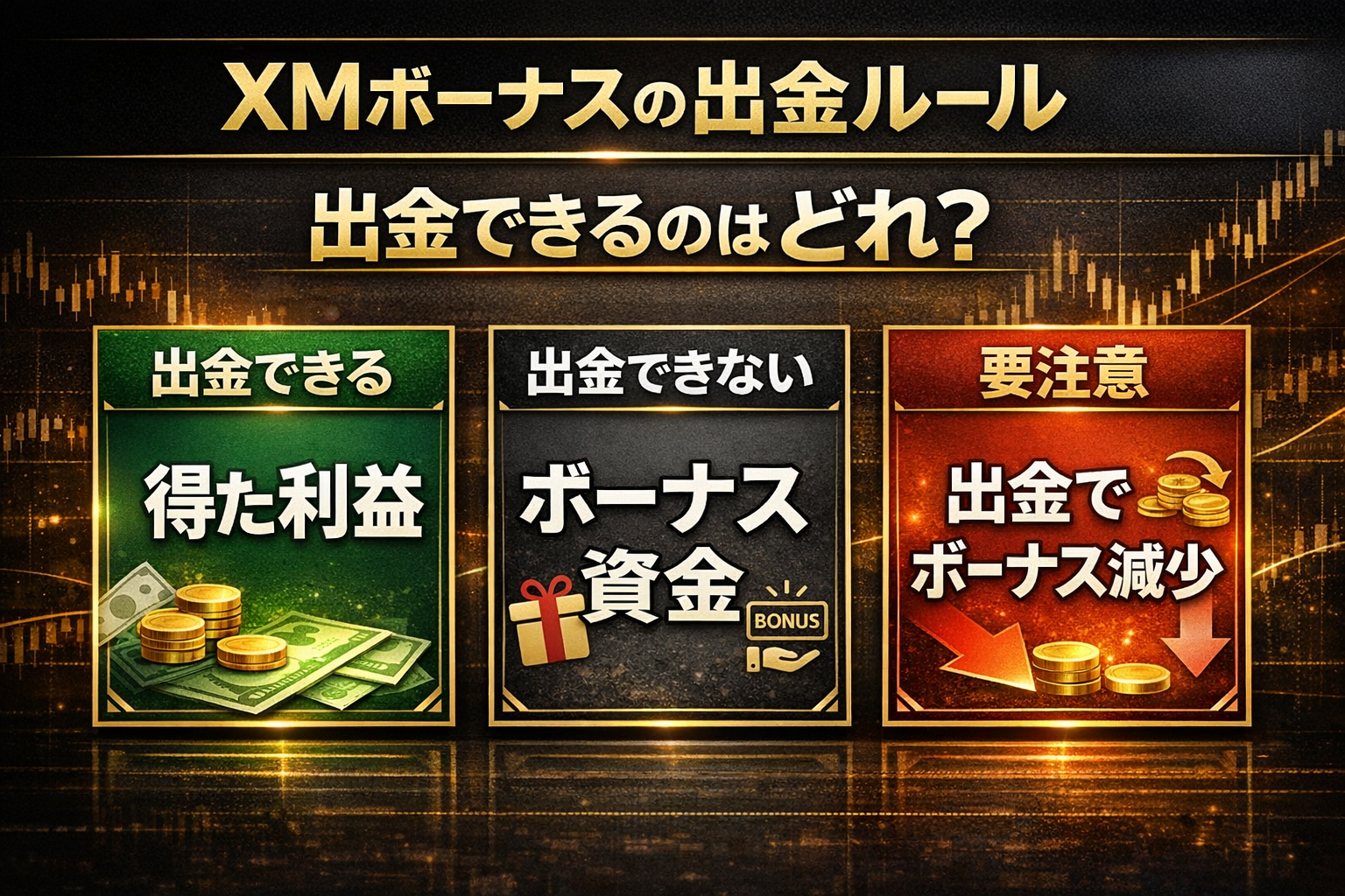 XMボーナスの出金ルールを解説した図解。得た利益は出金でき、ボーナス資金は出金できず、出金でボーナスが減少することを3枚のカードで示した画像