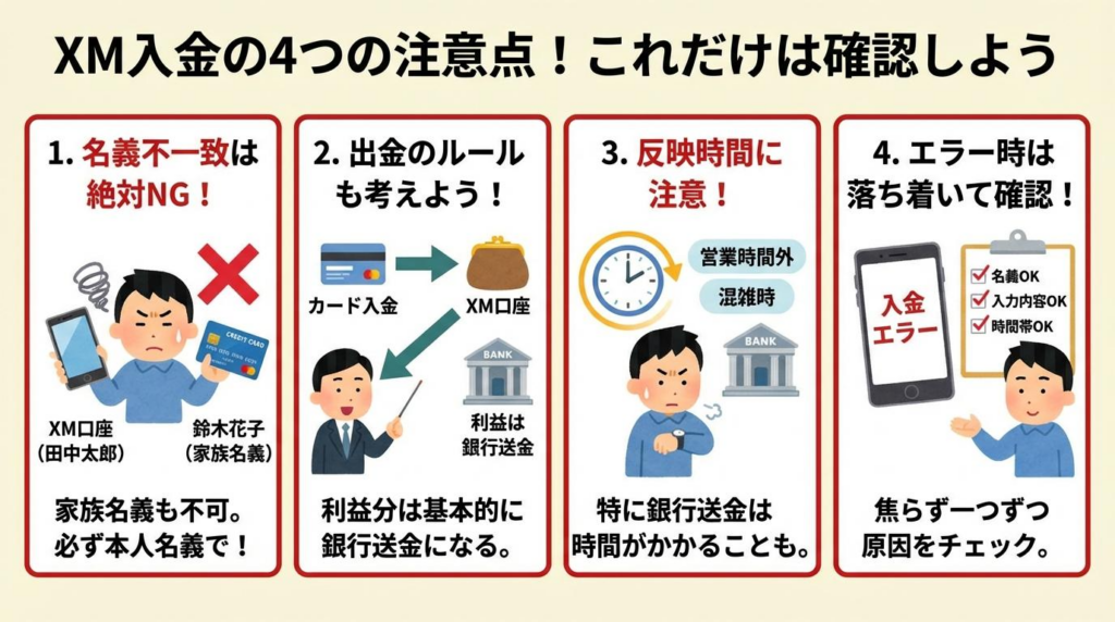 XM入金で確認したい4つの注意点をまとめた図解