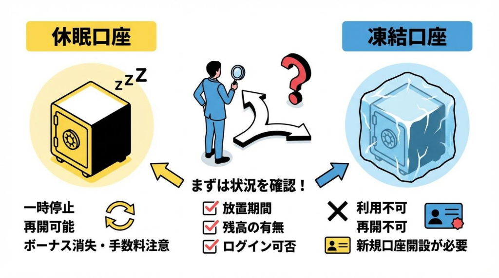 XMの休眠口座と凍結口座の違いを比較し、再開可否や確認項目をまとめた図