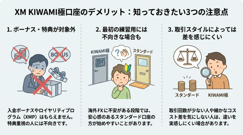XM KIWAMI極口座のデメリット3つをまとめた図