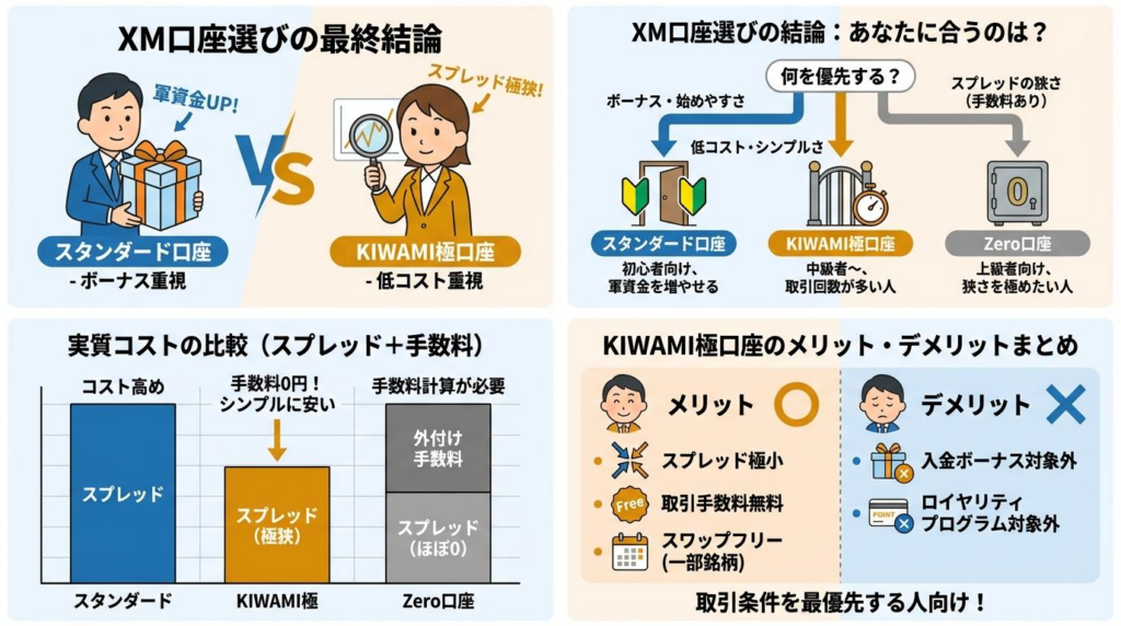 XM KIWAMI極口座のメリット・デメリットとスタンダード口座・Zero口座の比較をまとめた図