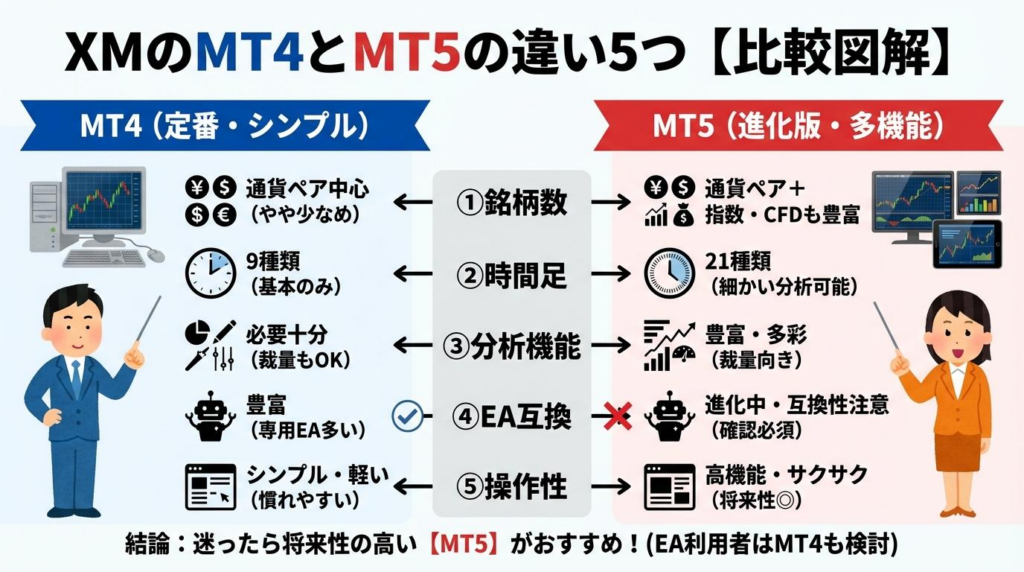 XMのMT4とMT5の違い5つを比較した図解