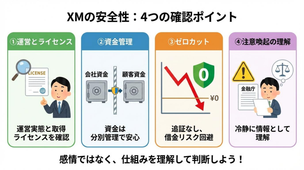 XMの安全性を確認するための4つのポイント(ライセンス・資金管理・ゼロカット・注意点)を解説した図解
