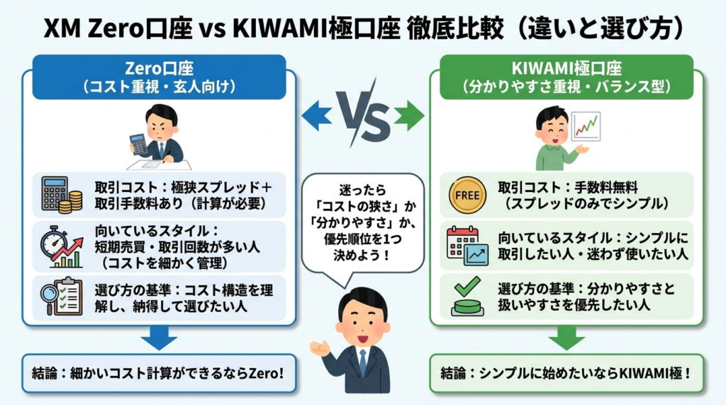 XM Zero口座とKIWAMI極口座の比較ポイントを整理した図解