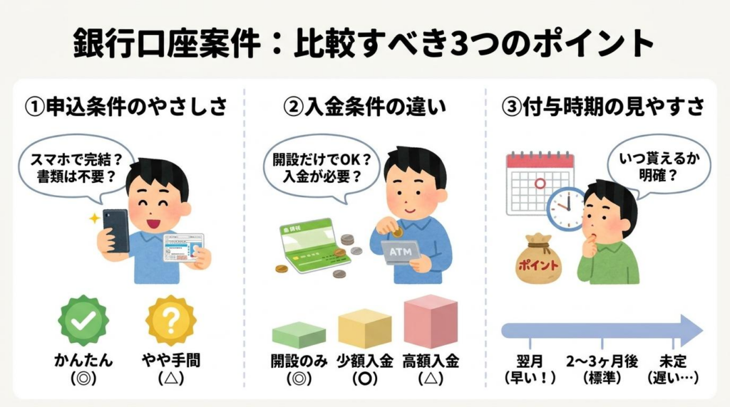 銀行口座案件で比較すべき3つのポイントをまとめた図解