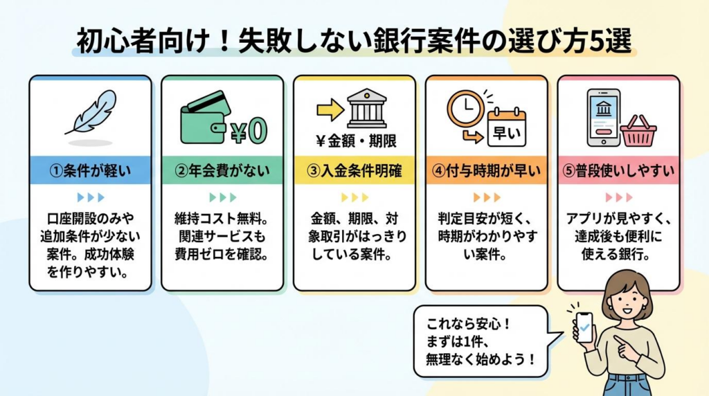 初心者向けに銀行口座案件の選び方5つをまとめた図解