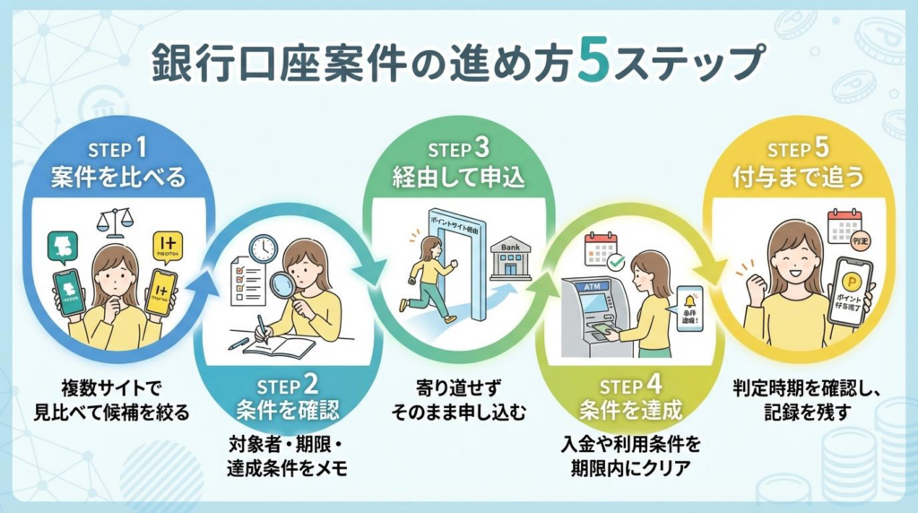 銀行口座案件の進め方を5ステップで解説した図解