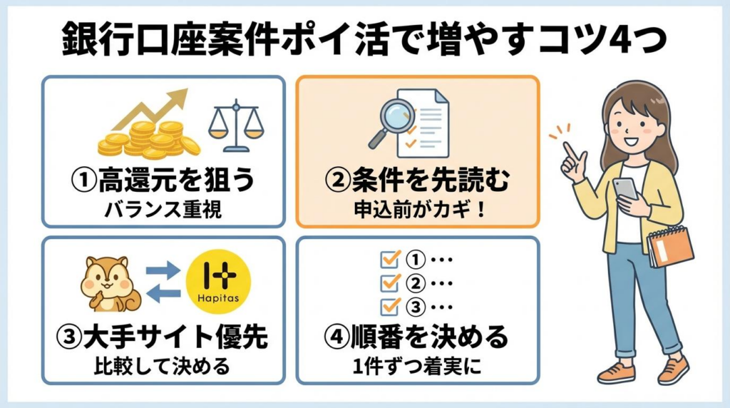 銀行口座案件ポイ活で効率よく増やす4つのコツをまとめた図解