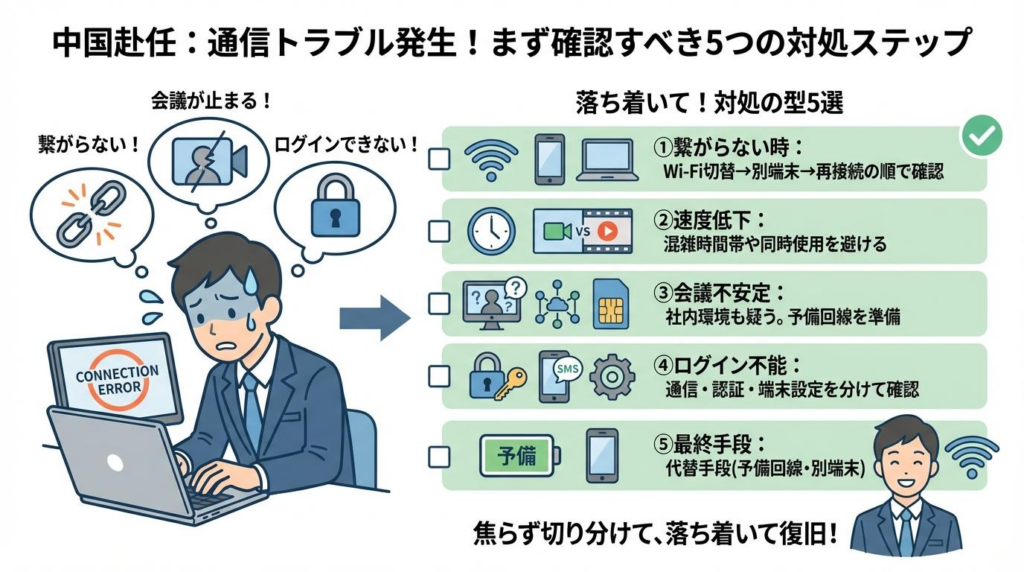 中国赴任で通信トラブルが起きた時に確認したい5つの対処ステップの図解