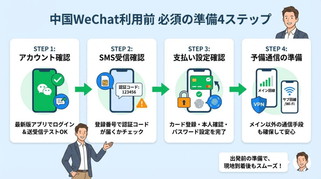 中国でWeChat利用前に必要な準備4ステップを流れで示した図解