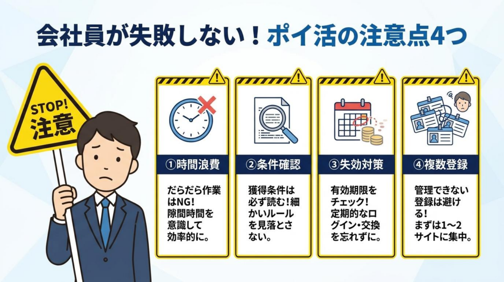 会社員が失敗しないポイ活の注意点4つを図解。時間浪費、条件確認、失効対策、複数登録の注意点を紹介