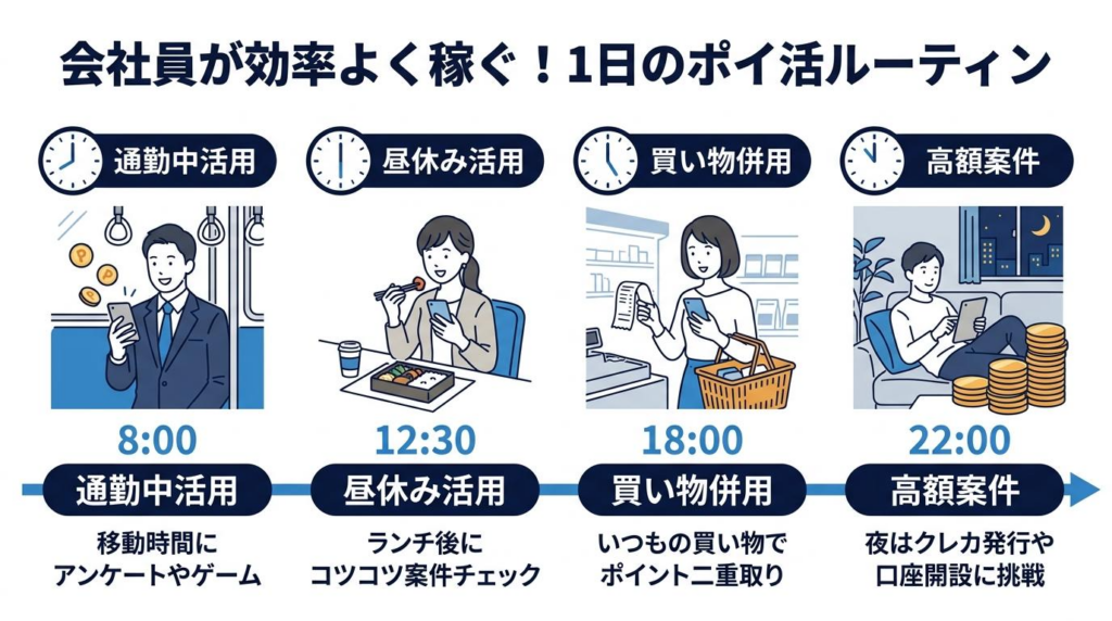 会社員が効率よく稼ぐ1日のポイ活ルーティンを図解。通勤中、昼休み、買い物時、夜の高額案件活用の流れを紹介