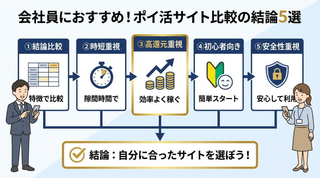 会社員におすすめのポイ活サイト比較の結論5選を図解。結論比較、時短重視、高還元重視、初心者向き、安全性重視を整理
