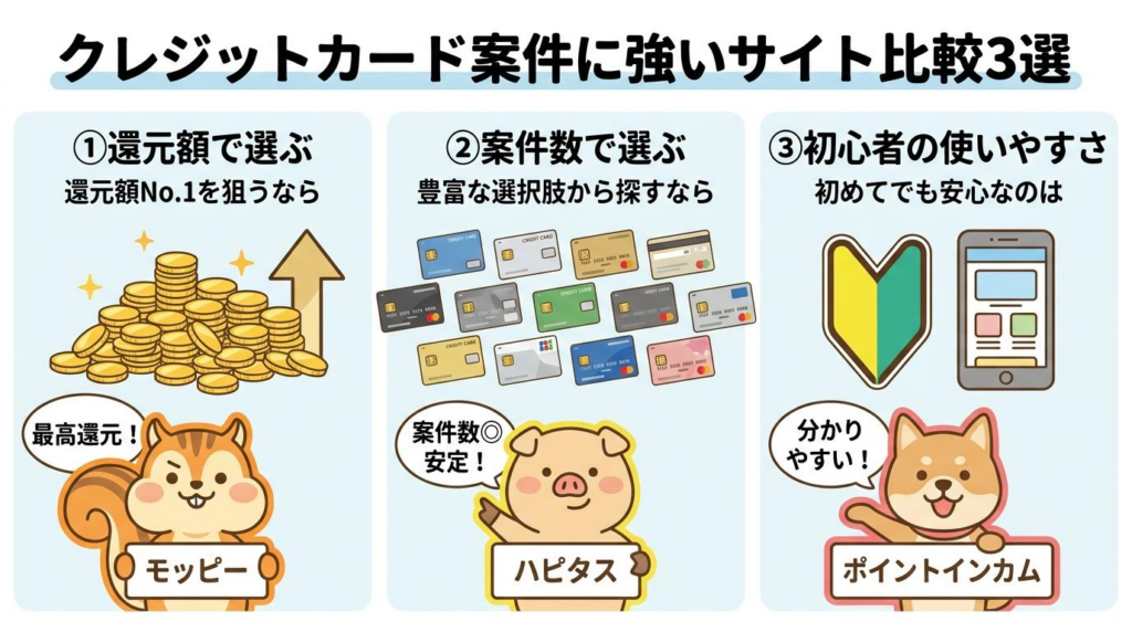 クレジットカード案件に強いポイ活サイトの比較ポイント3つをまとめた図解