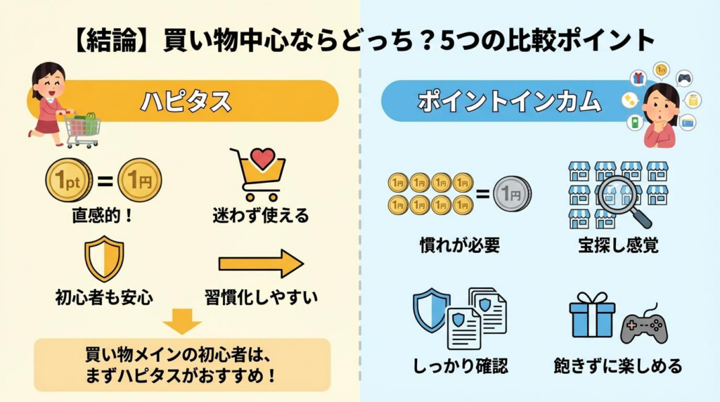 5points.png ハピタスとポイントインカムを買い物中心で比較した5つのポイントをまとめた図解