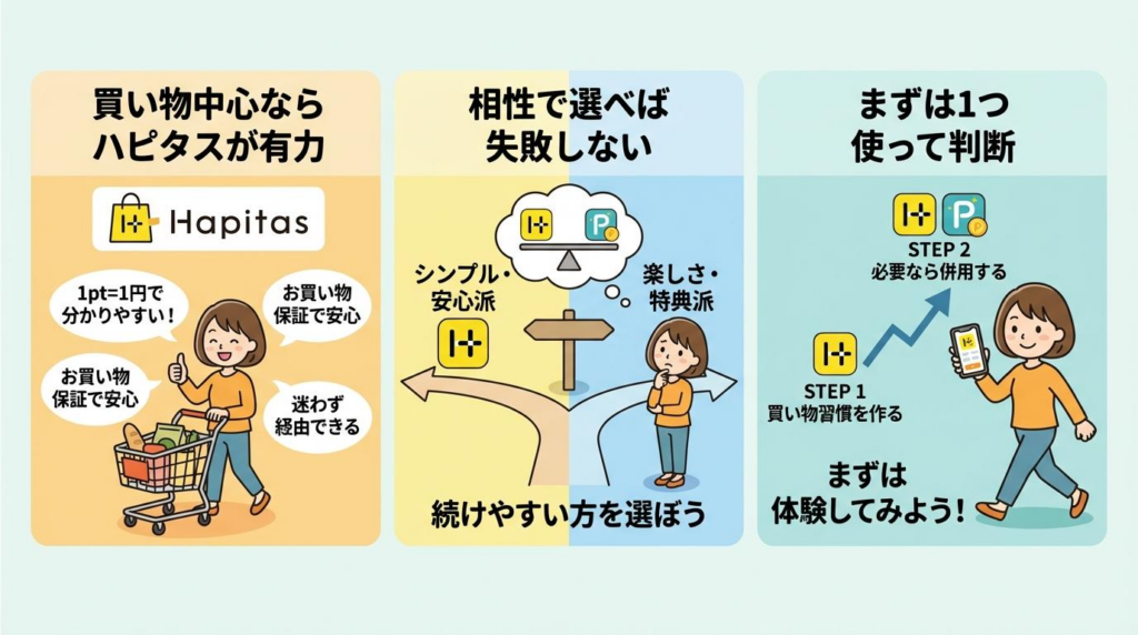 買い物中心ならハピタスが有力で、相性で選んでまずは使って判断する流れをまとめた図解
