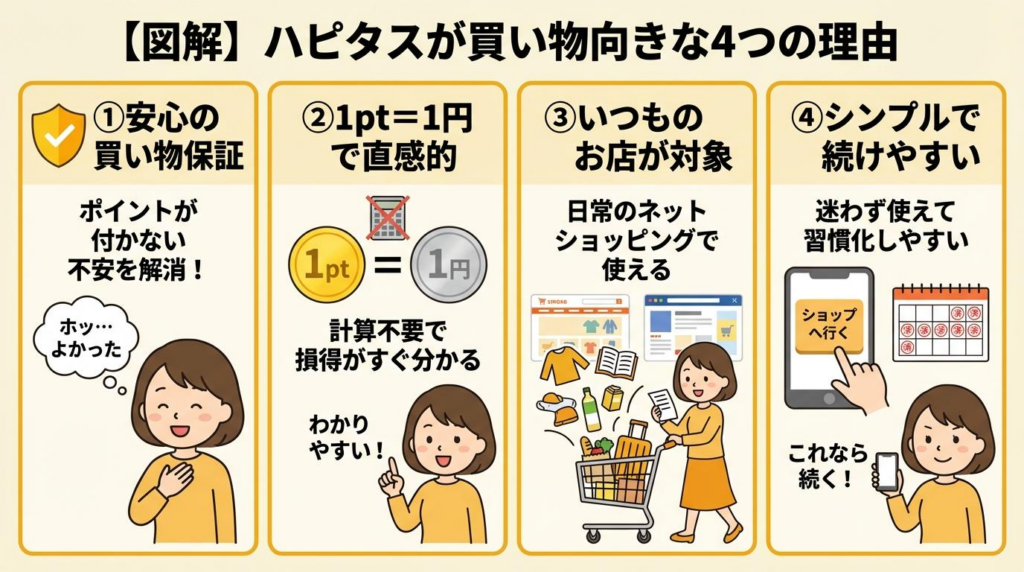 ハピタスが買い物向きな4つの理由をまとめた図解