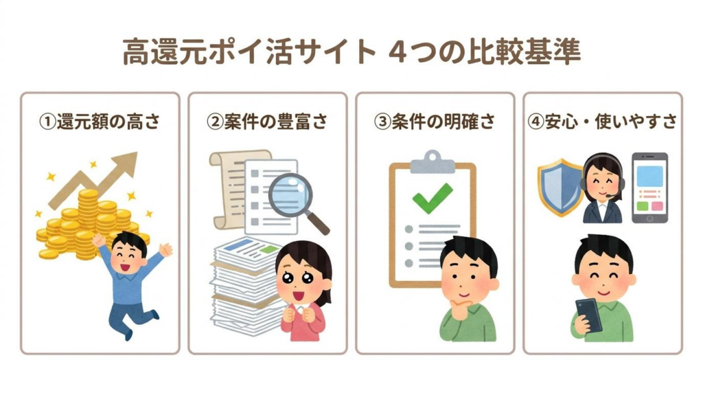 高還元ポイ活サイトの比較基準4つを示した図解