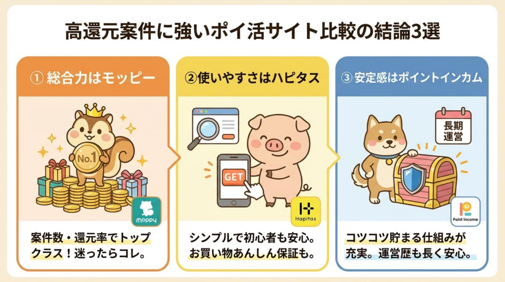 高還元案件に強いポイ活サイト比較の結論3選をまとめた図解