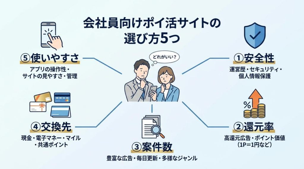 会社員向けポイ活サイトの選び方5つを図解。安全性、還元率、案件数、交換先、使いやすさの比較ポイントを紹介