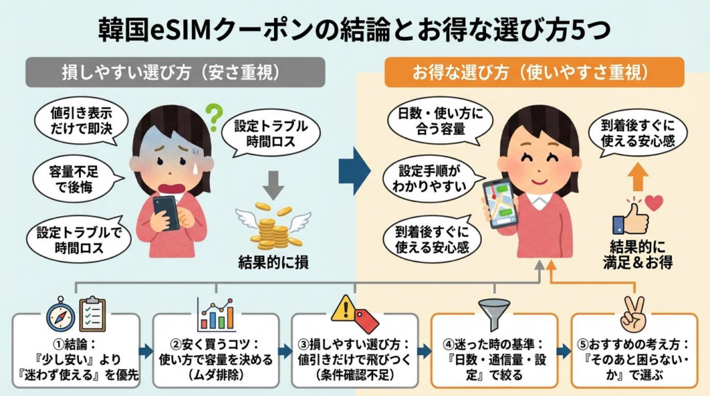 韓国eSIMクーポンで損しやすい選び方とお得な選び方を比較した図解