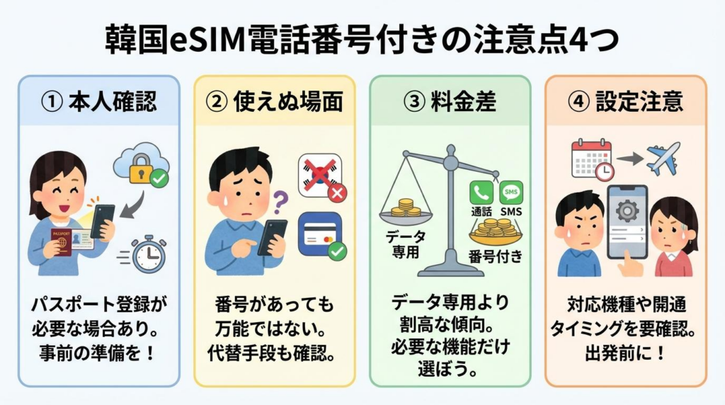 韓国eSIM電話番号付きの注意点4つを、本人確認、使えない場面、料金差、設定注意で整理した図解
