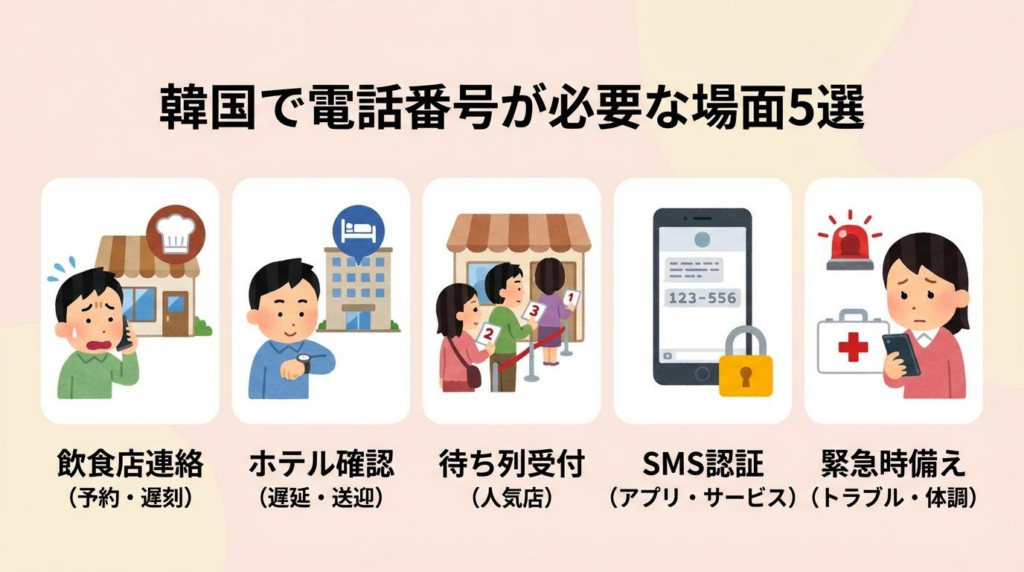 韓国で電話番号が必要になりやすい場面5つをまとめた図解