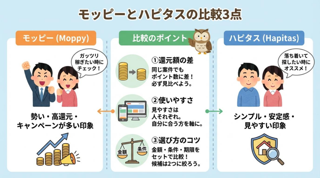 モッピーとハピタスの違いを還元額や使いやすさなど3つの視点で比較した図解