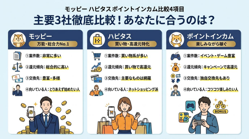 モッピー、ハピタス、ポイントインカムの比較図解。案件数、還元傾向、交換先、向いている人の違いを整理